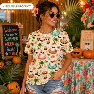 Summerween Beach Ghost t-shirt mockup featuring a real woman wearing a cute tropical Halloween seamless pattern with watercolor ghosts, sunglasses, palm trees, bats, starfish, coconut drinks, surfboards, flamingo floaties, coral flowers and pumpkin accents at a summer party.