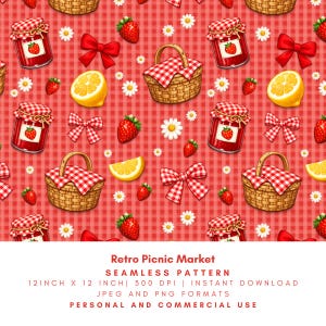 May include: A seamless pattern featuring picnic elements on a red gingham background. The design includes strawberry jam jars, picnic baskets, strawberries, lemon slices, daisies, and red bows. The text reads "Retro Picnic Market".