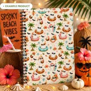Summerween Beach Ghost spiral notebook mockup with a cute tropical Halloween seamless pattern featuring watercolor ghosts, sunglasses, palm trees, bats, starfish, seashells, coconut drinks, surfboards, flamingo floaties, coral flowers and aqua accents in a festive beach party setting.