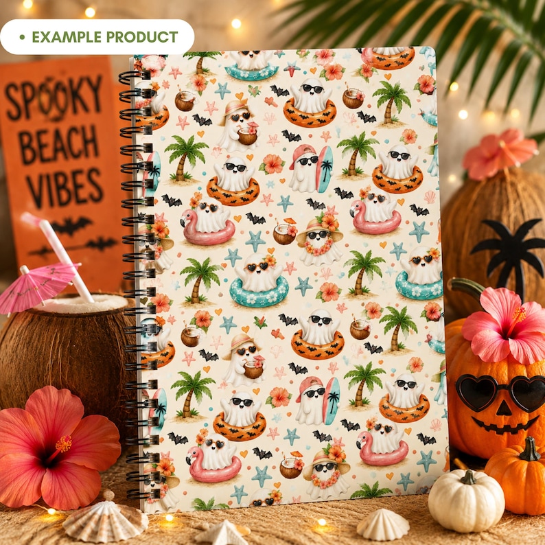 Summerween Beach Ghost spiral notebook mockup with a cute tropical Halloween seamless pattern featuring watercolor ghosts, sunglasses, palm trees, bats, starfish, seashells, coconut drinks, surfboards, flamingo floaties, coral flowers and aqua accents in a festive beach party setting.
