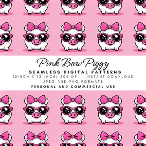 Cute Pig Sunglasses Seamless Pattern, Pink Bow Piggy, Kawaii Animal Digital Paper, Girly Farm Art, Fun Fabric Print, Cartoon Character