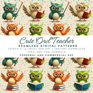 Cute Owl Teacher Seamless Pattern, Smart Bird Digital Paper, Back to School Fabric, Wise Owl Print, Reading Book Kids Decor
