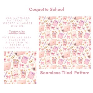 Coquette School seamless pattern preview showing a 3x3 tiled repeat with pink notebooks, bows, pastel pencils, pencil cups, mini laptops, gold paper clips, hearts, flowers and beige leaves on a cream background. Cute digital paper for back to school crafts, stationery, scrapbooking, fabric and classroom decor.