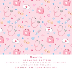 Nurse Life Seamless Pattern, Pink Medical Icons Digital Paper, Healthcare Stethoscope, Bandage, Syringe Background, PNG JPG