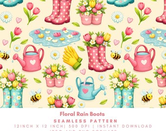 Floral Regen Stiefel Nahtloses Muster, Frühlingsgarten Digitales Papier, feminines Muster für Stoff, Sammelalbum, Kunsthandwerk