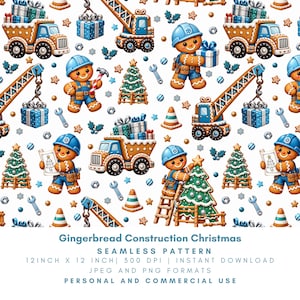 Puede incluir: Un patrón continuo con figuras de jengibre con cascos azules, camiones de construcción, grúas, árboles de Navidad y regalos. El texto dice: Gingerbread Construction Christmas, SEAMLESS PATTERN, 12 INCH X 12 INCH, 300 DPI, INSTANT DOWNLOAD, JPEG AND PNG FORMATS, PERSONAL AND COMMERCIAL USE.