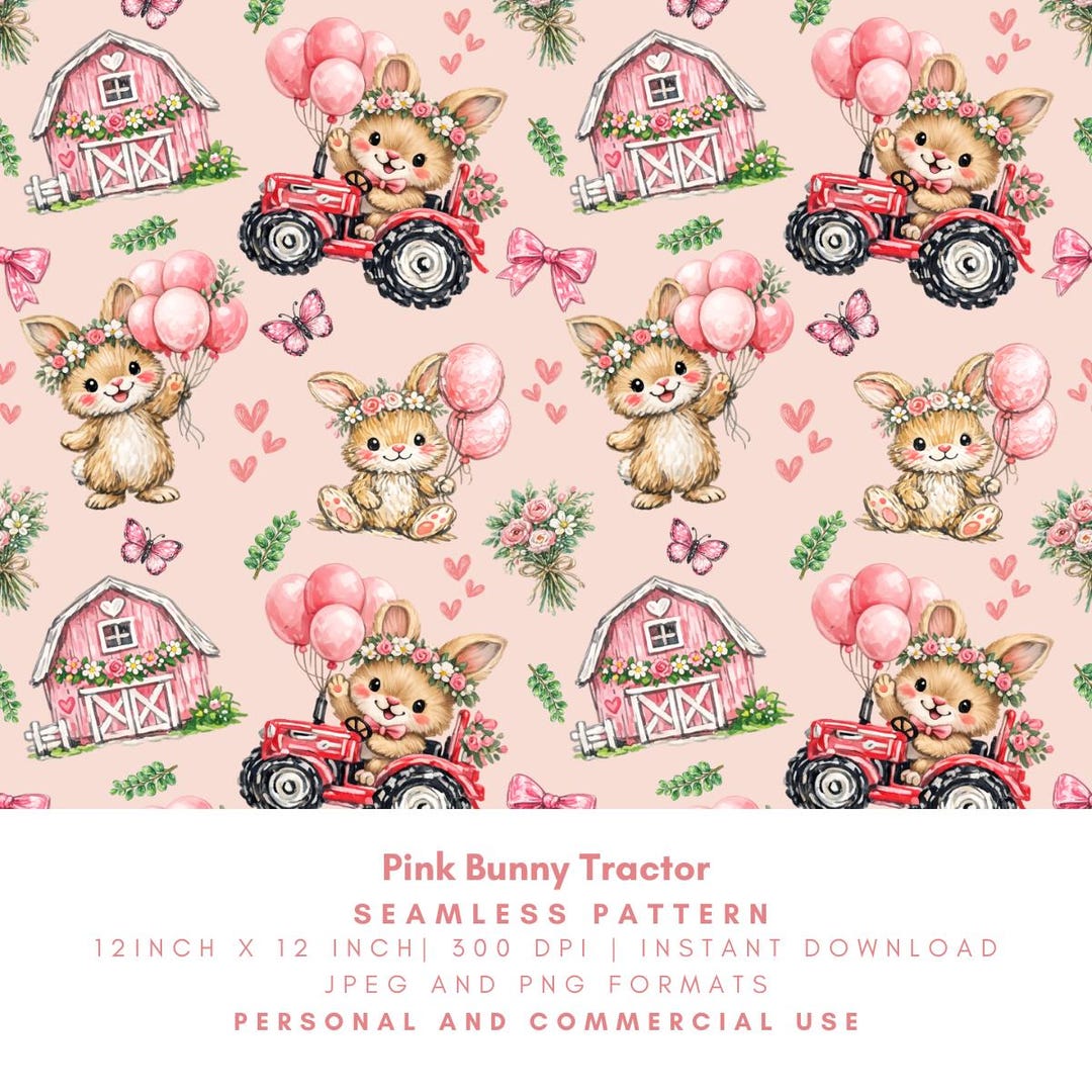 Pink Farm Pattern Pink Bunny Tractor Seamless Pattern,farm Barn Balloons,watercolor ...