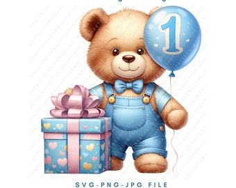 First Birthday Teddy Bear PNG, Baby Boy 1st Birthday SVG, Cute Bear Clipart, Sublimation Design for Cricut, Party Decor