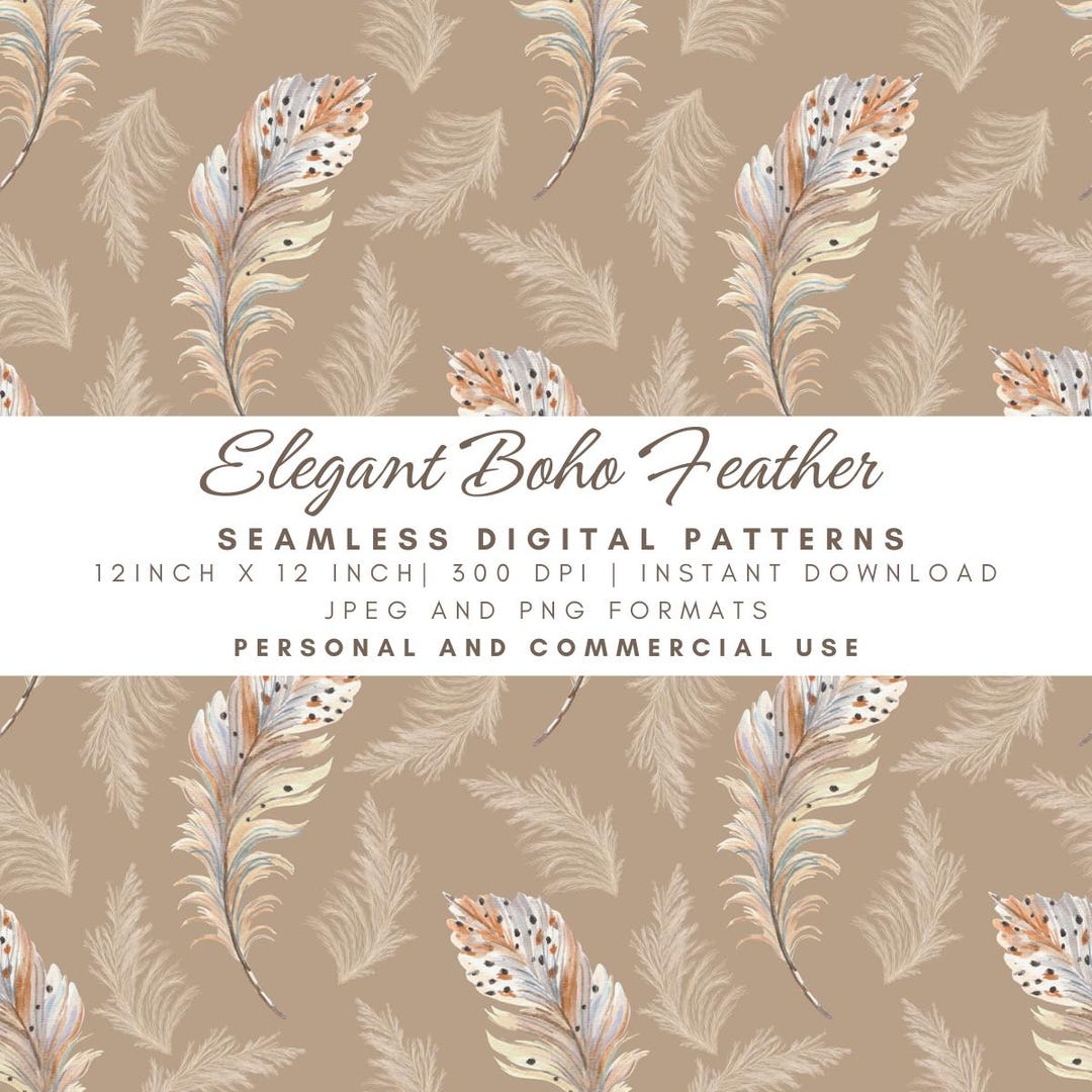 Neutral Feather Pattern Elegant Boho Feather Seamless Pattern, Watercolor Southwestern Digital ...