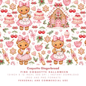 Könnte beinhalten: Ein wiederkehrendes Muster mit Lebkuchenfiguren mit rosa Schleifen, einem Lebkuchenhaus, Kuchen, Kirschen, Zuckerstangen und Backutensilien auf weißem Grund. Text: Coquette Gingerbread PINK COQUETTE HALLOWEEN 12 INCH X 12 INCH 300 DPI INSTANT DOWNLOAD JPEG AND PNG FORMATS PERSONAL AND COMMERCIAL USE.