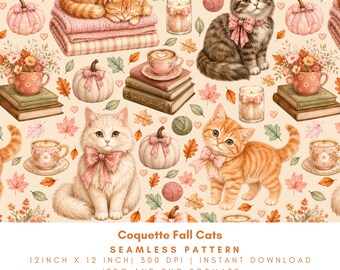 Coquette Fall Cats Seamless Pattern, Autumn Cat Mom Digital Paper, Pink Pumpkin Floral Kitty Background, Cozy Cottagecore Design, PNG JPG