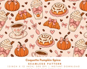 Coquette Pumpkin Spice Seamless Pattern, Pink Bow Coffee, Fall Cafe, Croissant, Cinnamon Roll, Autumn Digital Paper, PNG JPG