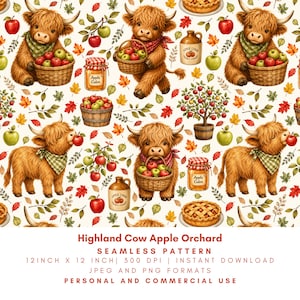 May include: A seamless pattern featuring fluffy Highland cows, woven baskets filled with red and green apples, jars of apple cider, apple trees, and autumn leaves. The text reads Highland Cow Apple Orchard, 12 inch x 12 inch, 300 DPI, Instant Download, JPEG and PNG Formats, Personal and Commercial Use.