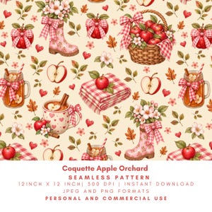 Coquette Apple Orchard Seamless Pattern, Fall Apples Gingham Bow Digital Paper, Cottagecore Autumn PNG JPG