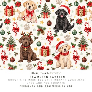May include: A seamless pattern featuring yellow, black, and chocolate Labrador puppies with Christmas elements including Santa hats, reindeer antlers, candy canes, gift boxes, poinsettias, pine trees, ornaments, and paw prints on a cream background.