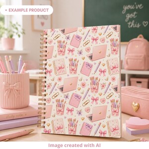Example product mockup showing a spiral notebook with a coquette school seamless pattern cover on a classroom desk. The design features pink notebooks with bows, pastel pencils, pencil cups, mini laptops, gold paper clips, hearts, flowers and cream tones. Cute back to school digital pattern for stationery, notebooks, planners and school supplies.