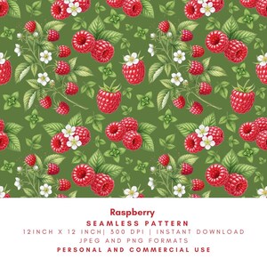Raspberry Seamless Pattern, Watercolor Berry Digital Paper, Botanical Fruit Repeat Design PNG JPG Commercial Use, Digital Download