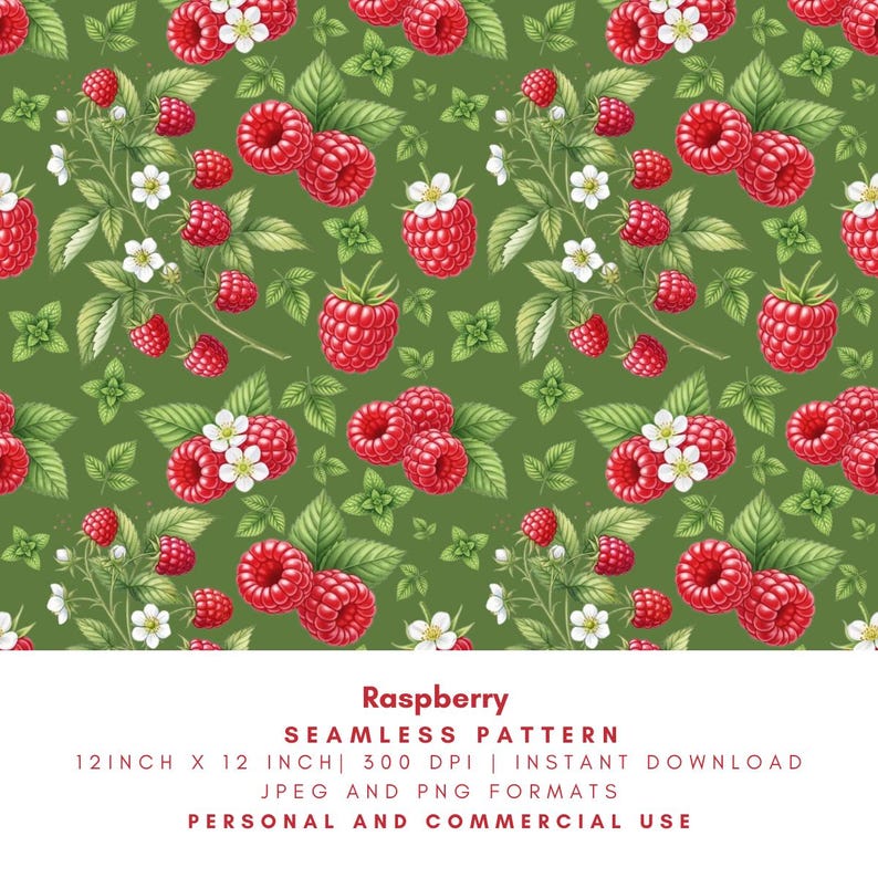 Raspberry Seamless Pattern, Watercolor Berry Digital Paper, Botanical ...