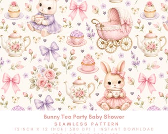 Bunny Tea Party Baby Shower Seamless Pattern | Pastel Bunny Clipart, Floral Teapot, Pink Pram, Cupcakes, PNG JPG
