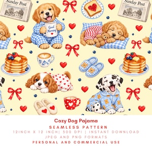 May include: A seamless pattern featuring puppies in pyjamas, stacks of pancakes with berries, red bows, hearts, coffee mugs, slippers, and newspapers labelled Sunday Post. One puppy holds a mug with the text Good Morning printed on it.