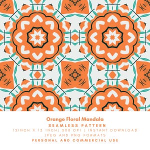 Patrón sin costuras de mandala floral naranja, repetición geométrica de mosaico retro, detalles en verde menta, 12 x 12 PNG JPG 300 DPI, descarga digital