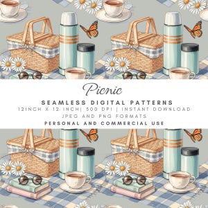 Modello senza cuciture per picnic, carta digitale Cottagecore, libri con farfalle e margherite, tessuto per coperte a quadri, stampa di caffè nel thermos, avventura all'aria aperta