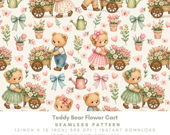 Teddy Bear Flower Cart Seamless Pattern, Spring Nursery Floral Digital Paper, Cottagecore Baby Shower PNG JPG, Digital Download
