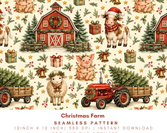 Christmas Farm Seamless Pattern, Watercolor Barnyard Animals, Cow Pig Sheep Tractor, Rustic Holiday Digital Paper, PNG JPG