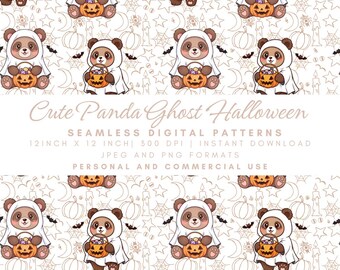 Cute Panda Ghost Halloween Seamless Pattern, Pumpkin Candy Basket, Spooky Bat Print, Kids Fabric, Trick or Treat Digital