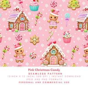 May include: A seamless digital pattern on a pink background featuring gingerbread houses, gingerbread people wearing pink hats, cupcakes, candy canes, and snowflake motifs. The design includes repeating festive holiday sweets and treats.