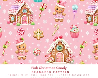 Pink Christmas Candy Seamless Pattern, Gingerbread House, Cupcake, Peppermint and Kawaii Holiday Digital Paper, PNG JPG