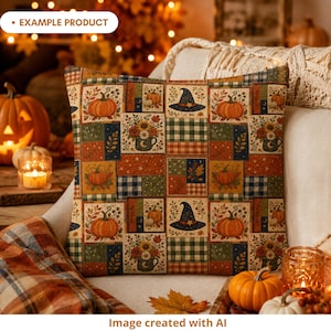 Autumn Halloween patchwork pillow mockup featuring pumpkins, witch hats, floral mugs, plaid blocks, leaves, stars and crescent moons in burnt orange, navy, olive green, cream and mustard. The cushion is styled on a cozy chair with pumpkins, candles, fall leaves, plaid blanket and warm seasonal lights. Example product image created with AI.