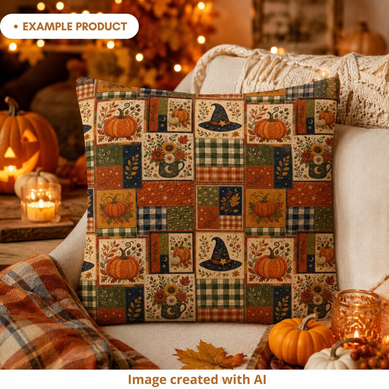 Autumn Halloween patchwork pillow mockup featuring pumpkins, witch hats, floral mugs, plaid blocks, leaves, stars and crescent moons in burnt orange, navy, olive green, cream and mustard. The cushion is styled on a cozy chair with pumpkins, candles, fall leaves, plaid blanket and warm seasonal lights. Example product image created with AI.