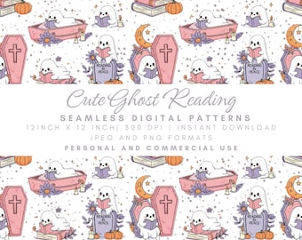 Cute Ghost Reading Seamless Pattern, Book Lover Halloween Digital Paper, Spooky Cozy Fabric, Pumpkin Coffin Print, Bookish Ghost