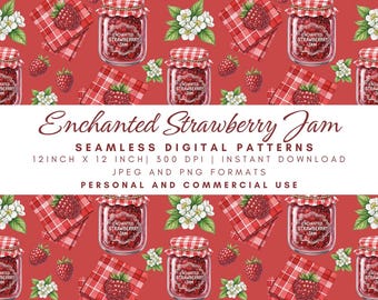 Enchanted Strawberry Jam Seamless Pattern, Raspberry, Plaid Kitchen Digital Paper, Red Fruit Fabric, Homemade Baking Print