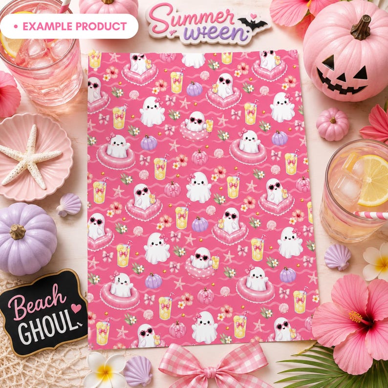 Example product mockup for Pink Summer Ghost Pool Party seamless pattern displayed as a printed sheet on a pastel Summerween table with pink pumpkins, lemonade, seashells, starfish, hibiscus flowers, tropical leaves, bows, and cute ghost decor. Girly Halloween digital paper preview.