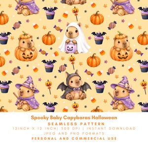 May include: A seamless pattern featuring illustrations of baby capybaras in Halloween costumes, including ghost, bat, and witch outfits, alongside pumpkins, cupcakes with bat toppers, and candy corn on a light orange background with text below.