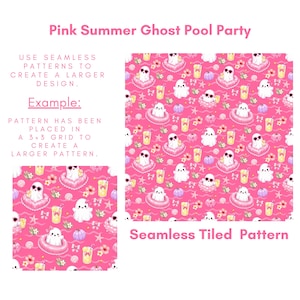 Instruction preview for Pink Summer Ghost Pool Party seamless pattern showing a 3x3 tiled repeat example with cute ghosts, pink floats, lemonade, pastel pumpkins, bows, seashells, flowers, starfish, and wave accents. Digital paper guide for creating larger seamless designs.