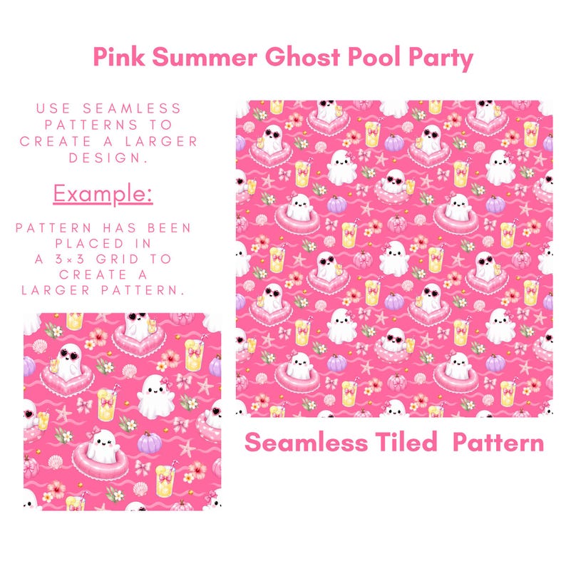 Instruction preview for Pink Summer Ghost Pool Party seamless pattern showing a 3x3 tiled repeat example with cute ghosts, pink floats, lemonade, pastel pumpkins, bows, seashells, flowers, starfish, and wave accents. Digital paper guide for creating larger seamless designs.