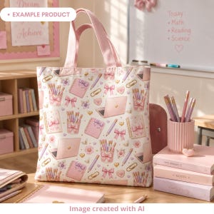 Example product mockup showing a tote bag with a coquette school seamless pattern in a pastel classroom. The design features pink notebooks with bows, pastel pencils, pencil cups, mini laptops, gold paper clips, hearts, flowers and cream tones. Cute back to school digital pattern for fabric, tote bags, stationery, classroom decor and school accessories.