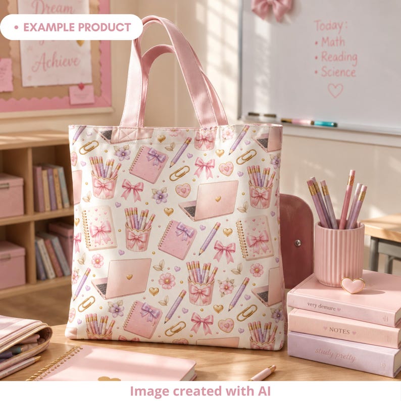 Example product mockup showing a tote bag with a coquette school seamless pattern in a pastel classroom. The design features pink notebooks with bows, pastel pencils, pencil cups, mini laptops, gold paper clips, hearts, flowers and cream tones. Cute back to school digital pattern for fabric, tote bags, stationery, classroom decor and school accessories.