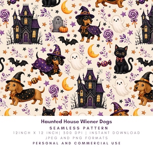 May include: A seamless pattern featuring dachshunds in witch hats and capes, haunted houses, ghosts, black cats, bats, crescent moons, lollipops, and pumpkins on a cream background. Text reads: Haunted House Wiener Dogs SEAMLESS PATTERN.