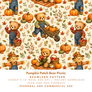 Può includere: Un motivo senza cuciture con orsacchiotti in salopette, spaventapasseri, zucche e cesti di mele su sfondo crema. Testo: Pumpkin Patch Bear Picnic, SEAMLESS PATTERN, 12 INCH X 12 INCH, 300 DPI, INSTANT DOWNLOAD, JPEG AND PNG FORMATS, PERSONAL AND COMMERCIAL USE.