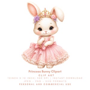 Princess Bunny Clipart PNG JPG SVG, Pink Rabbit Ballerina, Royal Animal, Floral Tiara, Nursery Sublimation Design