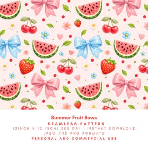 May include: A seamless pattern featuring watercolor illustrations of watermelon slices, cherries, strawberries, bows, flowers, and hearts on a light pink background. The text "Summer Fruit Bows" is at the bottom of the image.