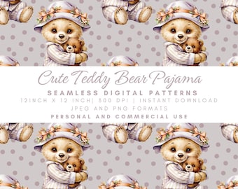 Cute Teddy Bear Pajama Seamless Pattern, Baby Bear Hug Digital Paper, Cozy Nursery Fabric, Polka Dot Background, Kids Sleepwear Print