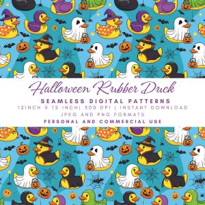 Halloween Rubber Duck Seamless Pattern, Cute Ghost Witch Bat, Pumpkin Spiders Digital Paper, Kids Fabric, Trick or Treat Print