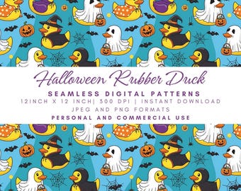 Halloween Rubber Duck Seamless Pattern, Cute Ghost Witch Bat, Pumpkin Spiders Digital Paper, Kids Fabric, Trick or Treat Print