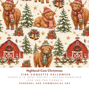 May include: A digital pattern featuring Highland cows wearing winter hats and scarves, red barns with wreaths, snow-covered pine trees, gold bells, and gift boxes on a cream background. Text reads: Highland Cow Christmas PINK COQUETTE HALLOWEEN.