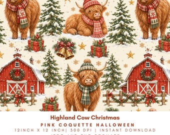 Highland Cow Christmas Seamless Pattern, Watercolor Farmhouse Holiday Digital Paper, Rustic Winter Cow PNG JPG